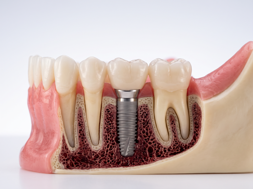 Titanyum diş implantı ve zirkonyum kron yakın plan
